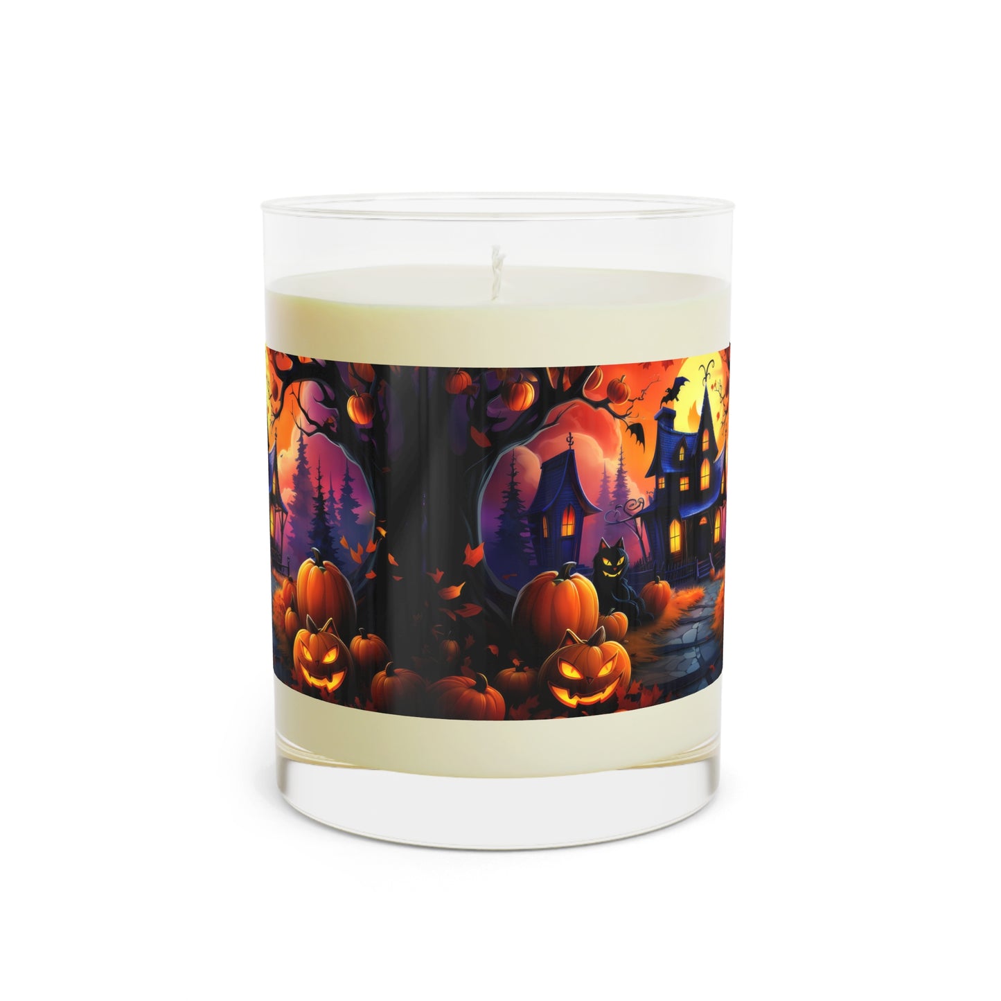 Spooky Halloween House With Pumpkin Line Path , Black Cat, Scented Candle - Full Glass, 11oz