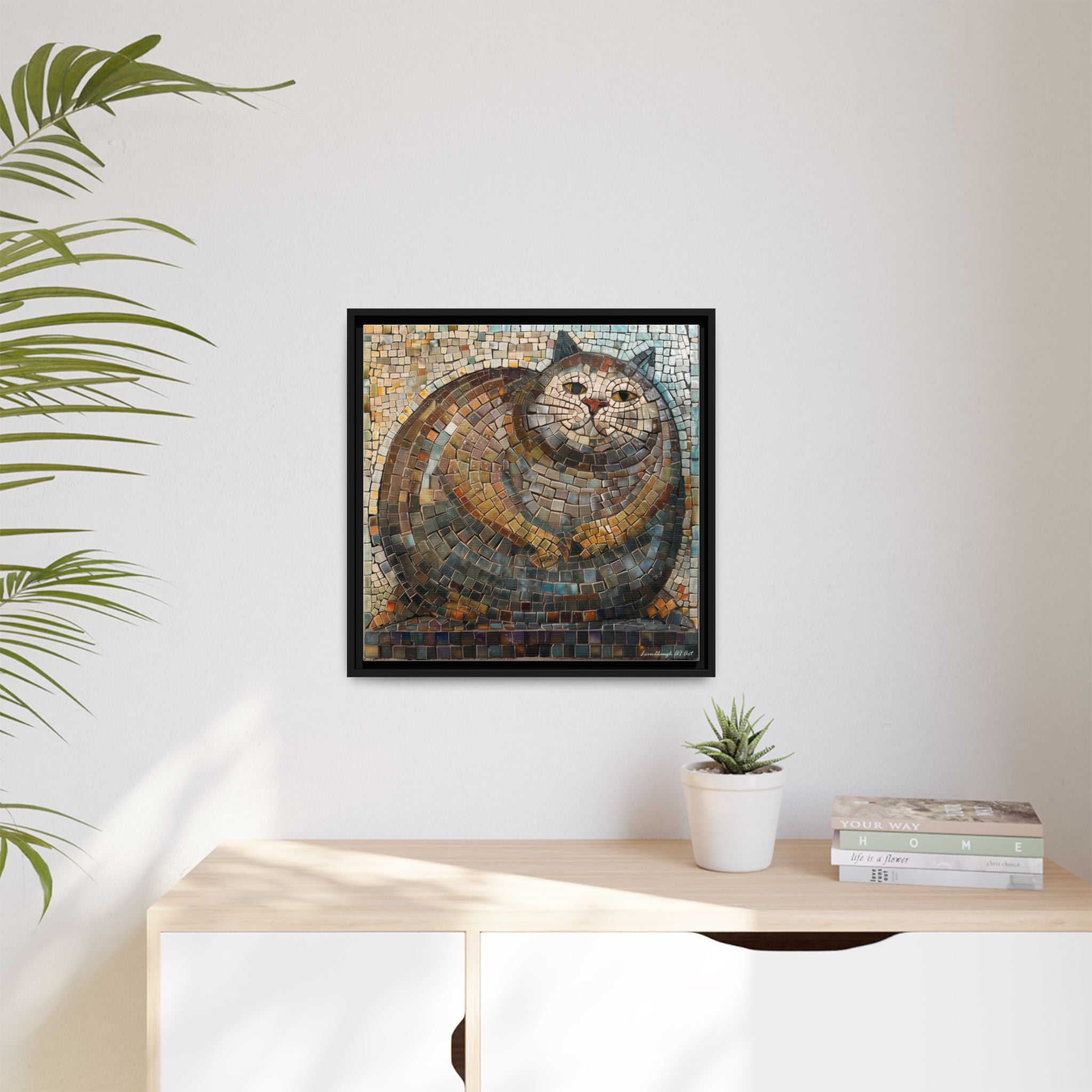 "Serene Mosaic Cat", Framed Mosaic Cat Art Print — Colorful Modern Wall Canvas
