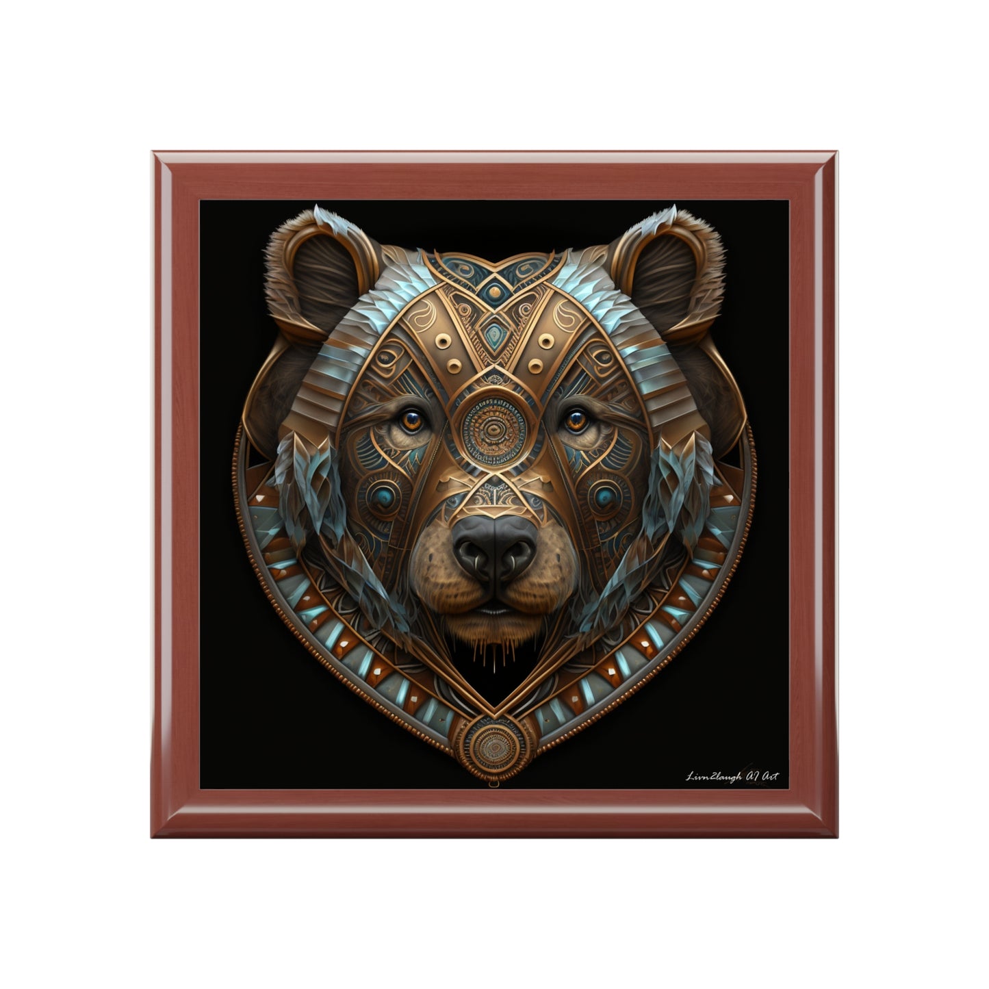 Brown Bear Accent with Blue Detailed Design, Black Background Jewelry Box