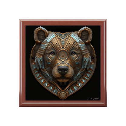 Brown Bear Accent with Blue Detailed Design, Black Background Jewelry Box