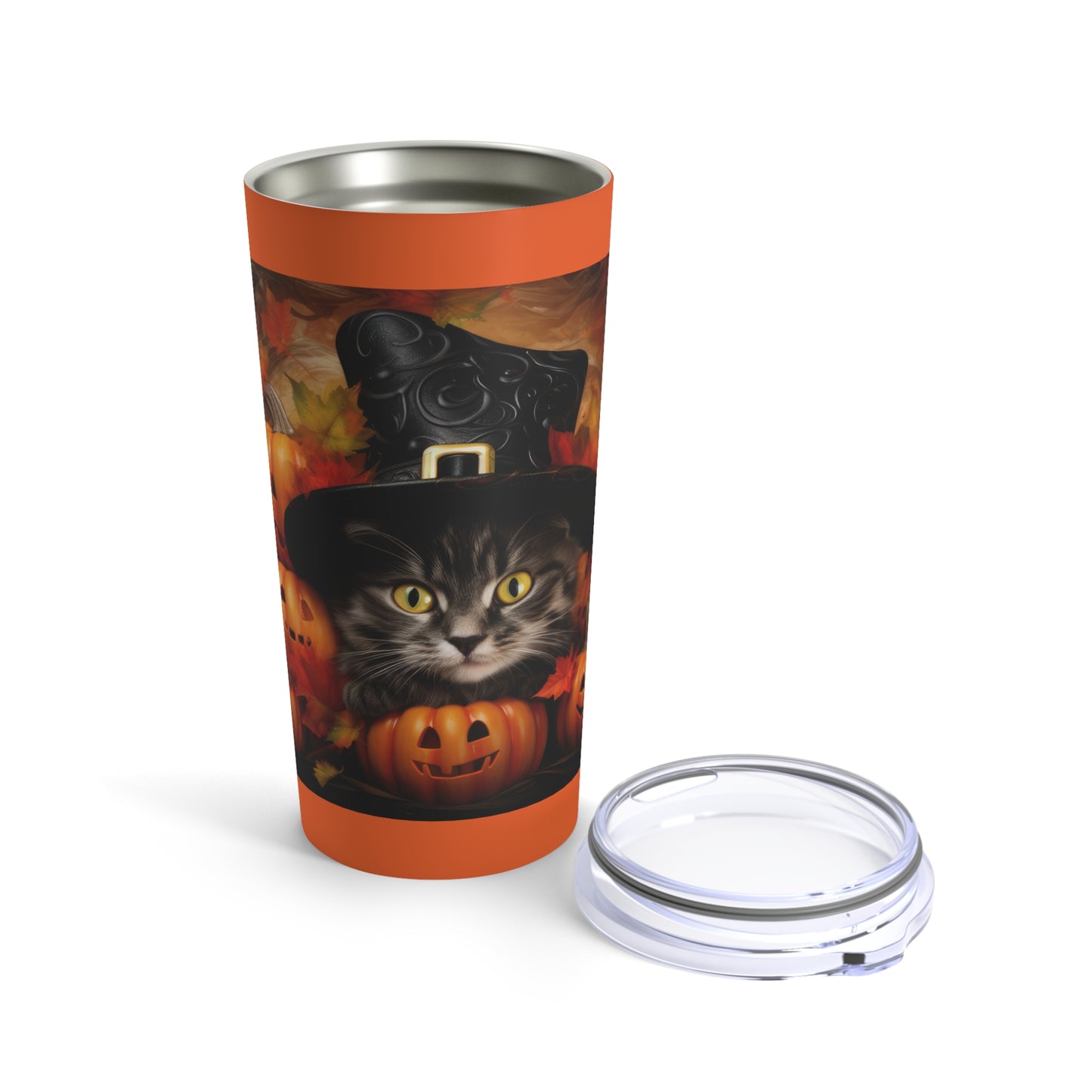 Halloween Tiger Stiped Wearing Witch hat And Smiling Orange Carved Pumpkins Tumbler 20oz