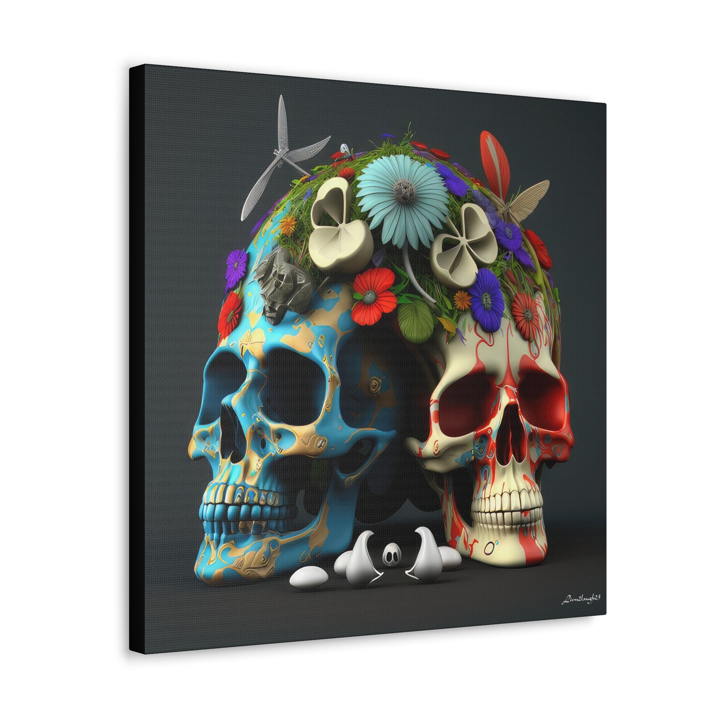 Double Skull With Blue Red  Flowers Canvas Gallery Wraps