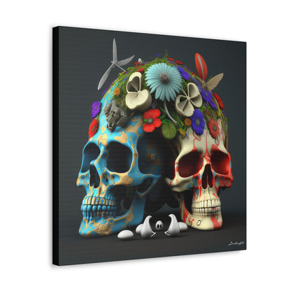 Double Skull With Blue Red  Flowers Canvas Gallery Wraps