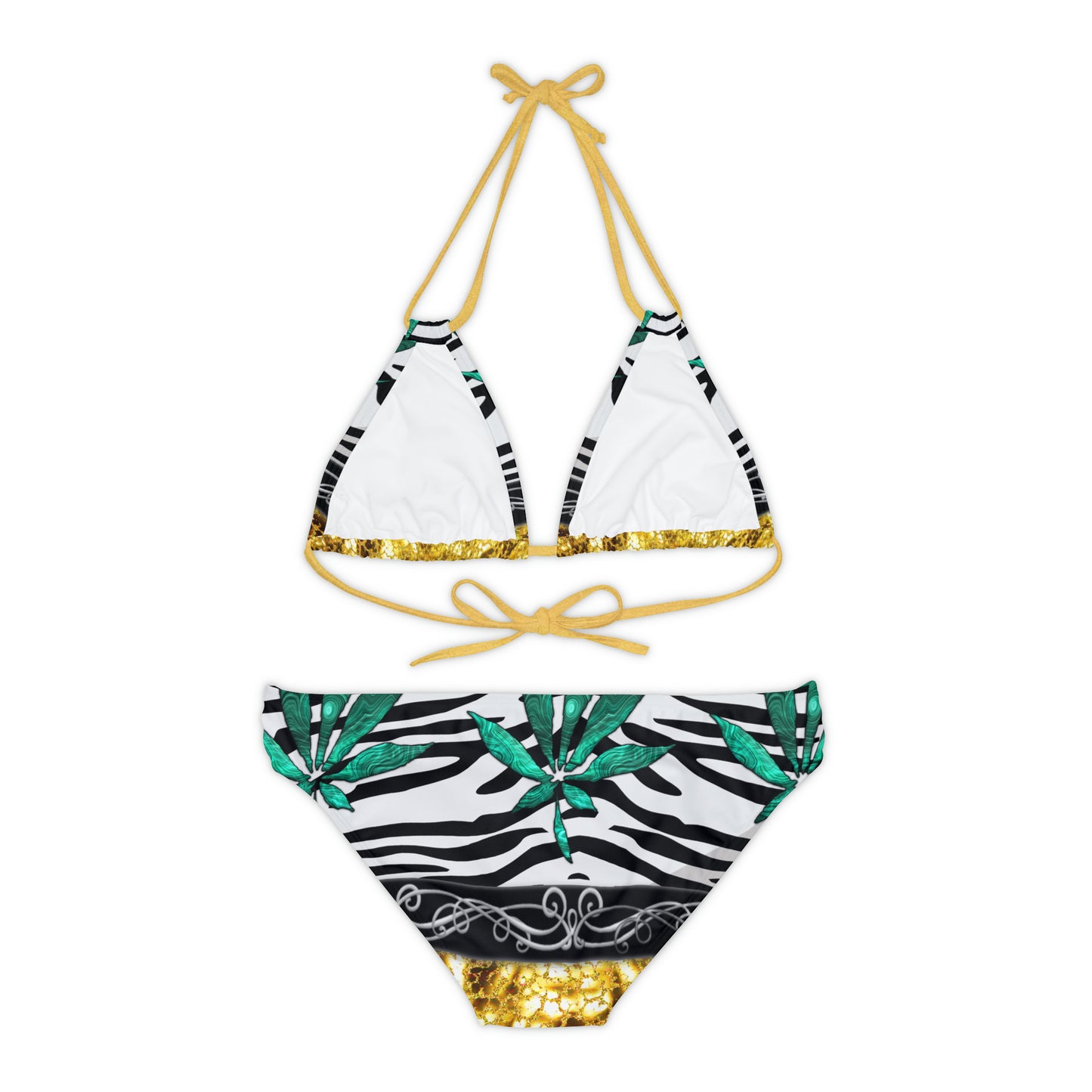 Gold And Zebra White And Black Marijuana Pot Weed Leaf 420 Weed Pot Marijuana Leaf Strappy Bikini Set (AOP)