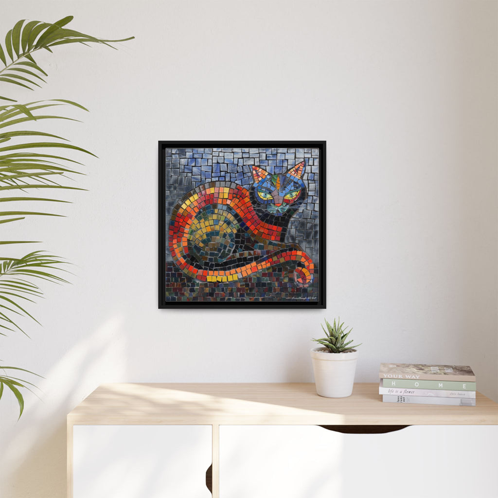 Mystic Shadows: The Enigmatic Cat, Framed Mosaic Cat Art Print — Colorful Modern Wall Canvas