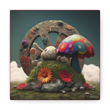 Beautiful Forest Round Peace Sign , Bunny Style Mushrooms  Flowers And Butterfly 12 Canvas Gallery Wraps