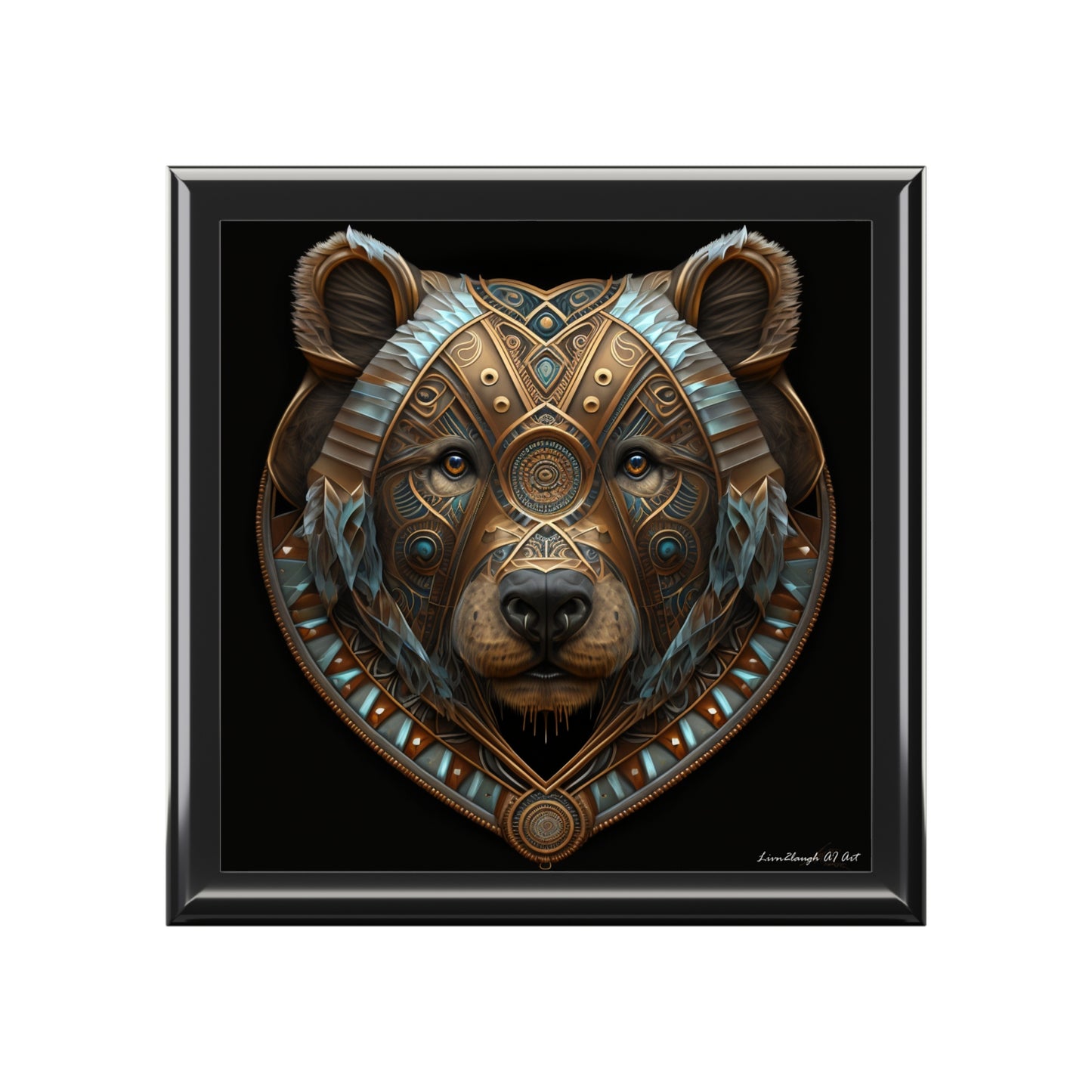 Brown Bear Accent with Blue Detailed Design, Black Background Jewelry Box