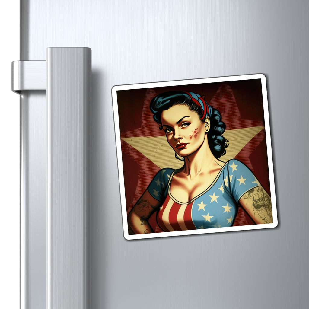 Retro Tattooed Pinup Blue, Red And White Star Magnet Style One