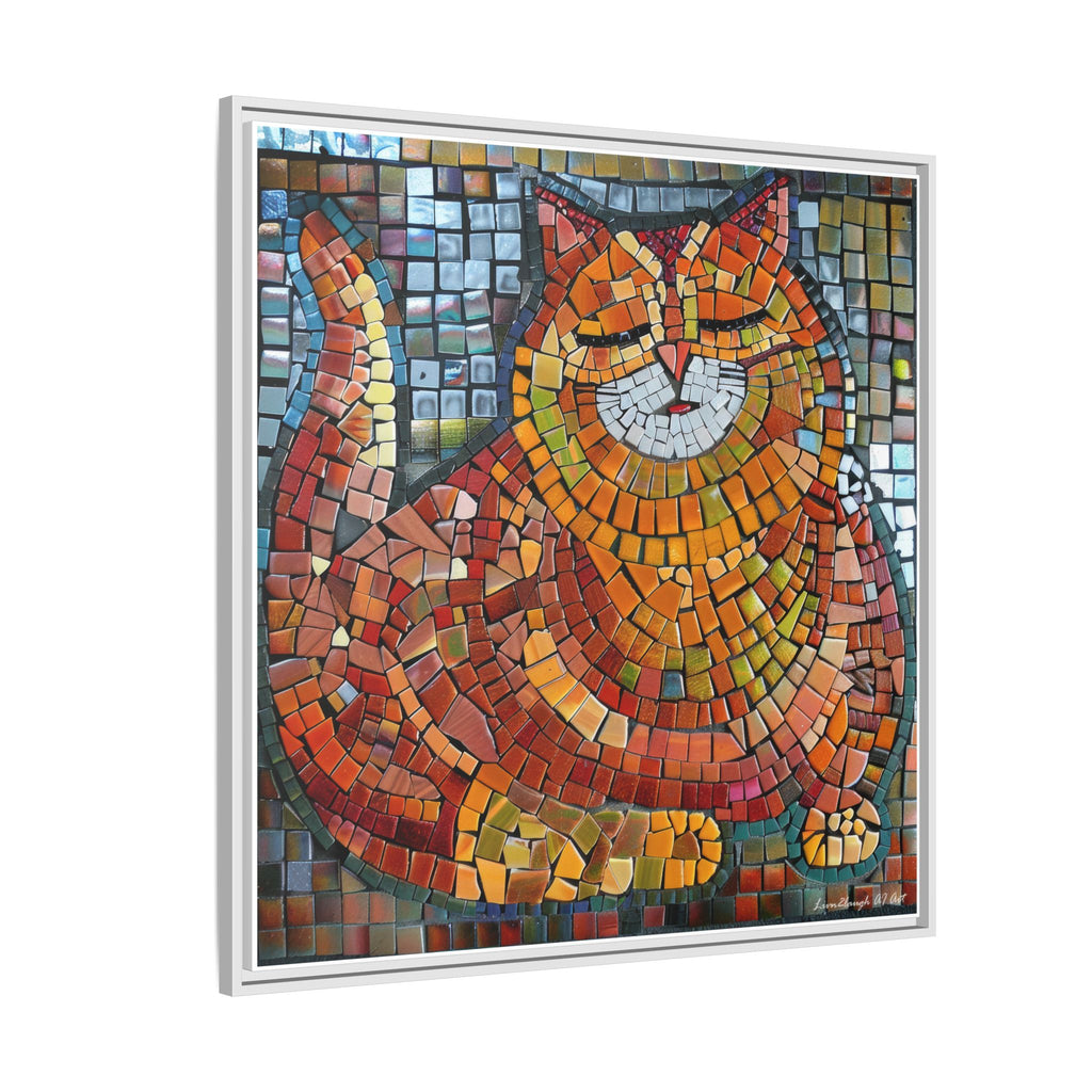 Radiant Whiskers: The Joyful Cat, Framed Mosaic Cat Art Print — Colorful Modern Wall Canvas