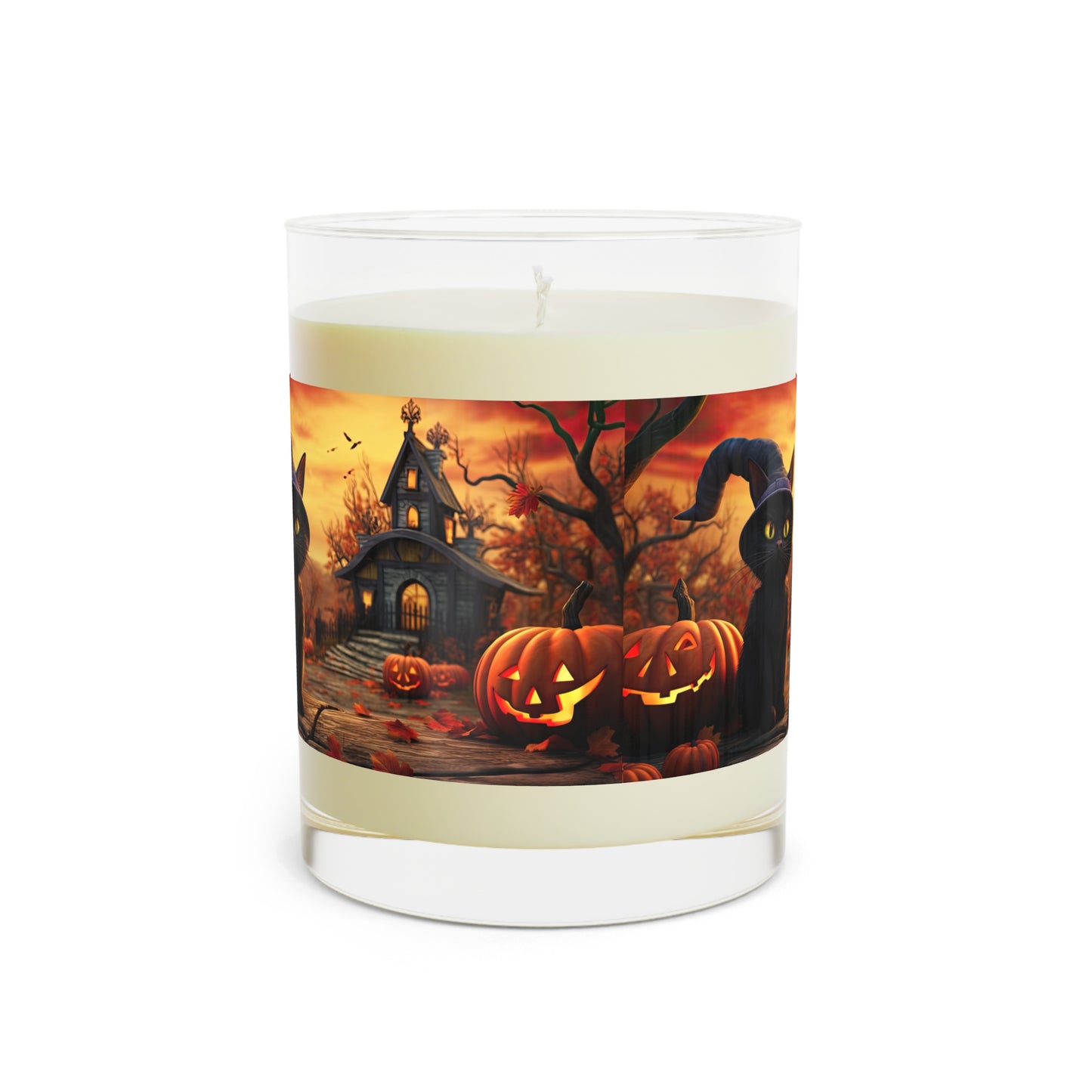 Witch Cat With Breathtaking Fall Time Schoolhouse/Church With Smile Carved Halloween Pumpkins , Scented Candle - Full Glass, 11oz