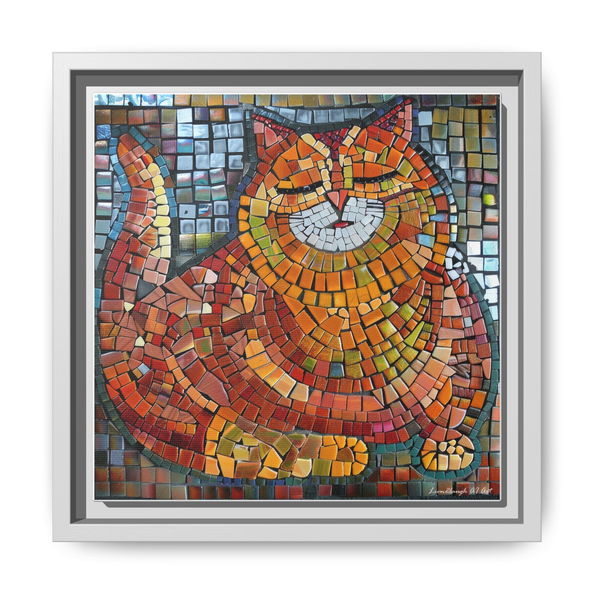Radiant Whiskers: The Joyful Cat, Framed Mosaic Cat Art Print — Colorful Modern Wall Canvas