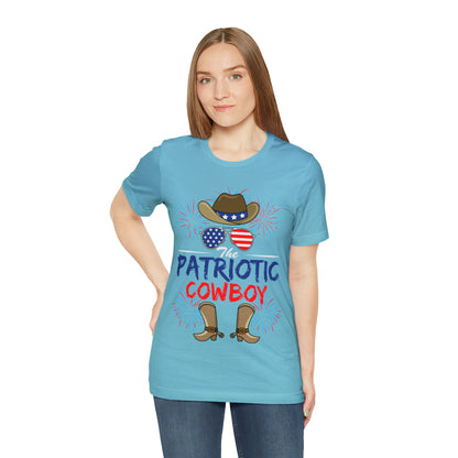 Patriotic Cowboy, American Flag 'Glasses, Cowboy Hat and Boots, Fourth of July 4th Unisex Jersey Short Sleeve Tee