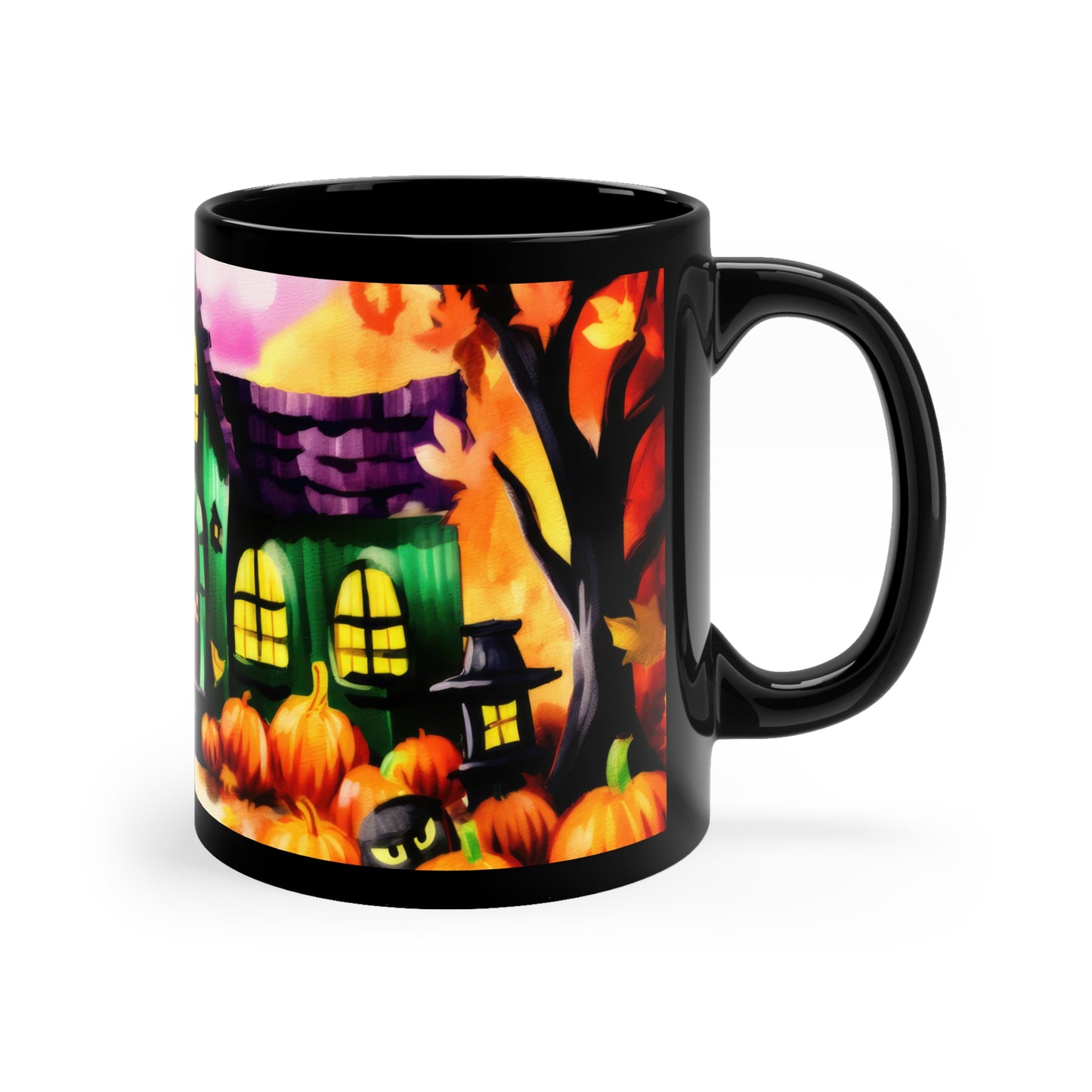 Fall Time School House With Lights On, Halloween Theme 11oz Black Mug