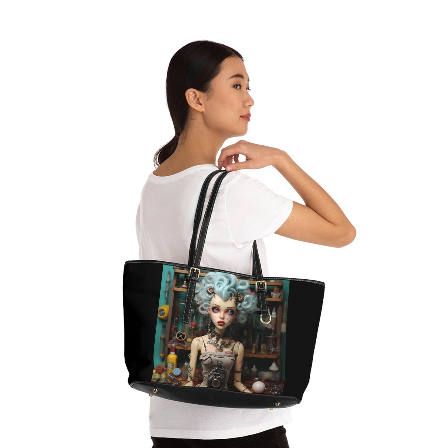 Love My Gismos Blue Hair Black Background, PU Leather Shoulder Bag