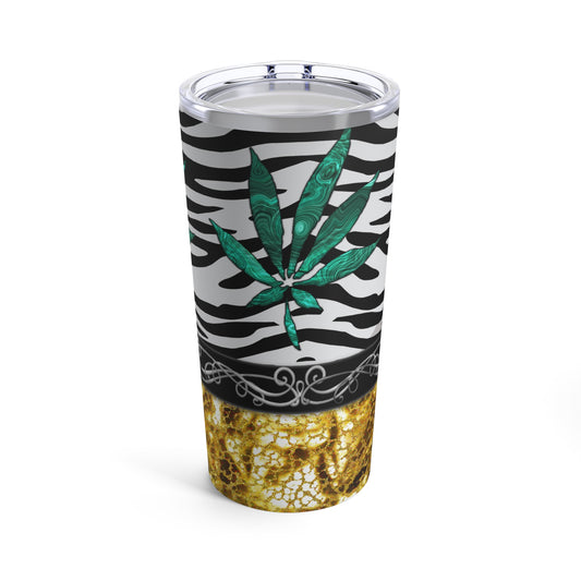 Black & White Animal Print, Green Marijuana  Leave, With Elegantly Gold Bottom Designed 420 Weed Tumbler 20oz