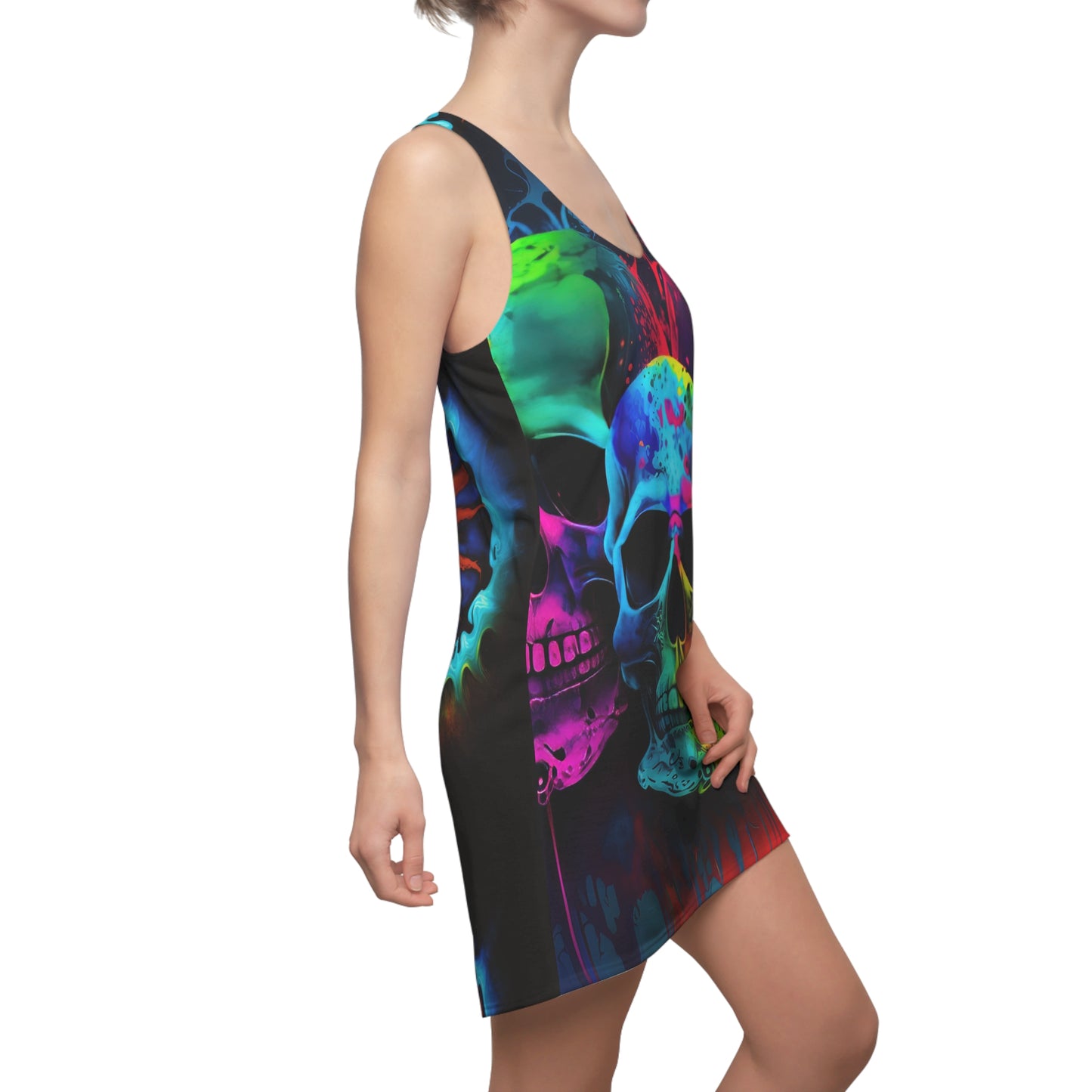 Bold And Beautiful Tie Dye Skull Front Style Four On Back Women's Cut & Sew Racerback Dress (AOP)