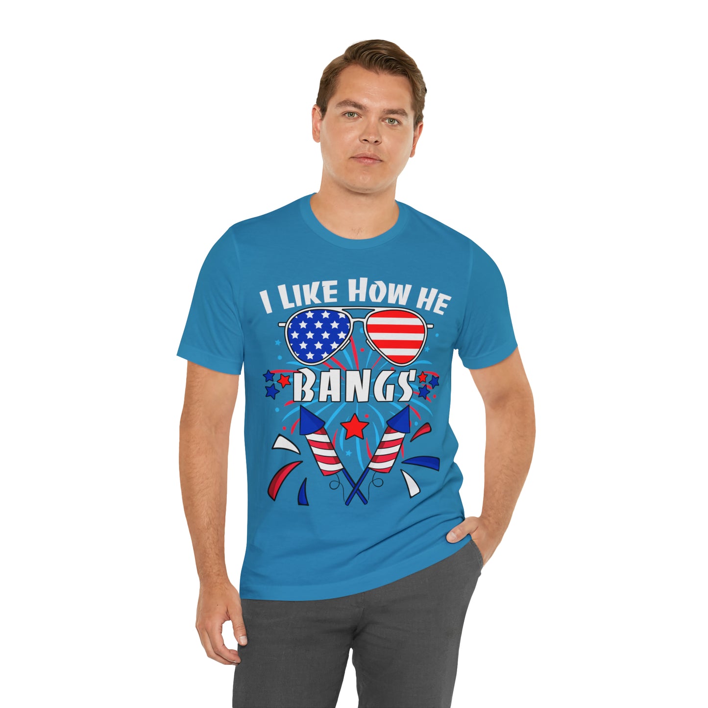 I Like How He Bangs American Flag, Fourth Of July 4th , American Flag Glasses Unisex Jersey Short Sleeve Tee