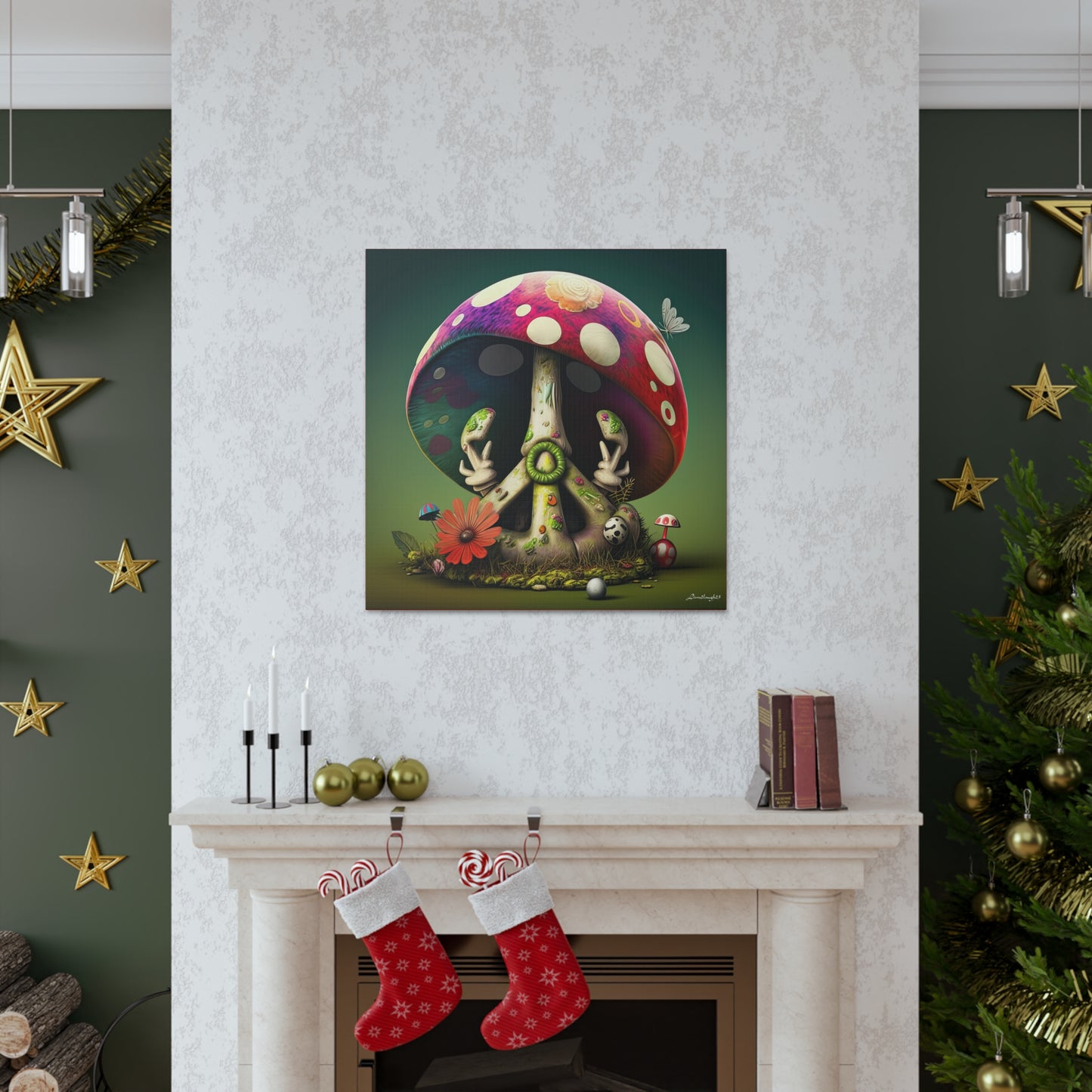 Beautiful Forest Half Peace Sign , Red And White Polka dot Mushrooms Red Flower Canvas Gallery Wraps