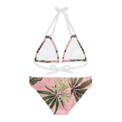 Grey Lace Gorgeous Pink Designed Marijuana 420 Weed Strappy Bikini Set (AOP)