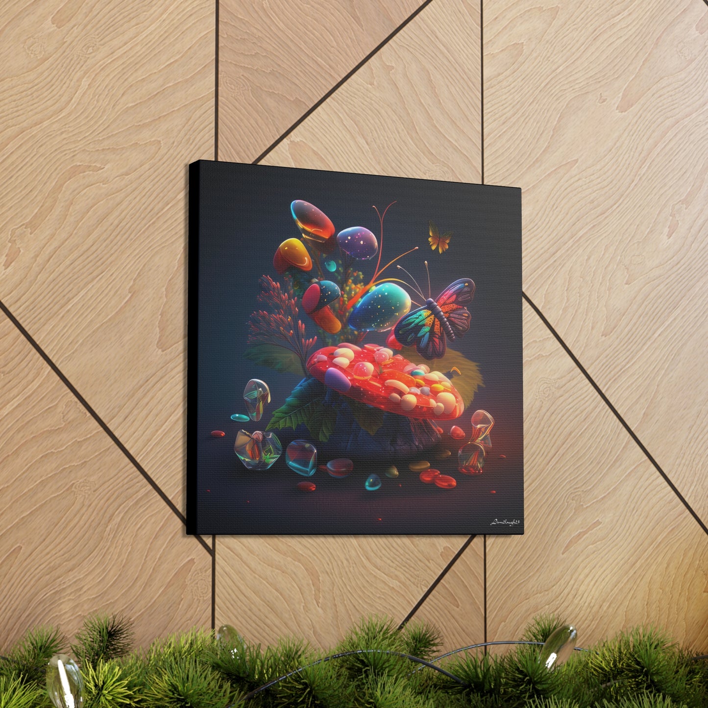 Beautiful Mushroom Luminating Colorful Bliss With Butterflies Canvas Gallery Wraps