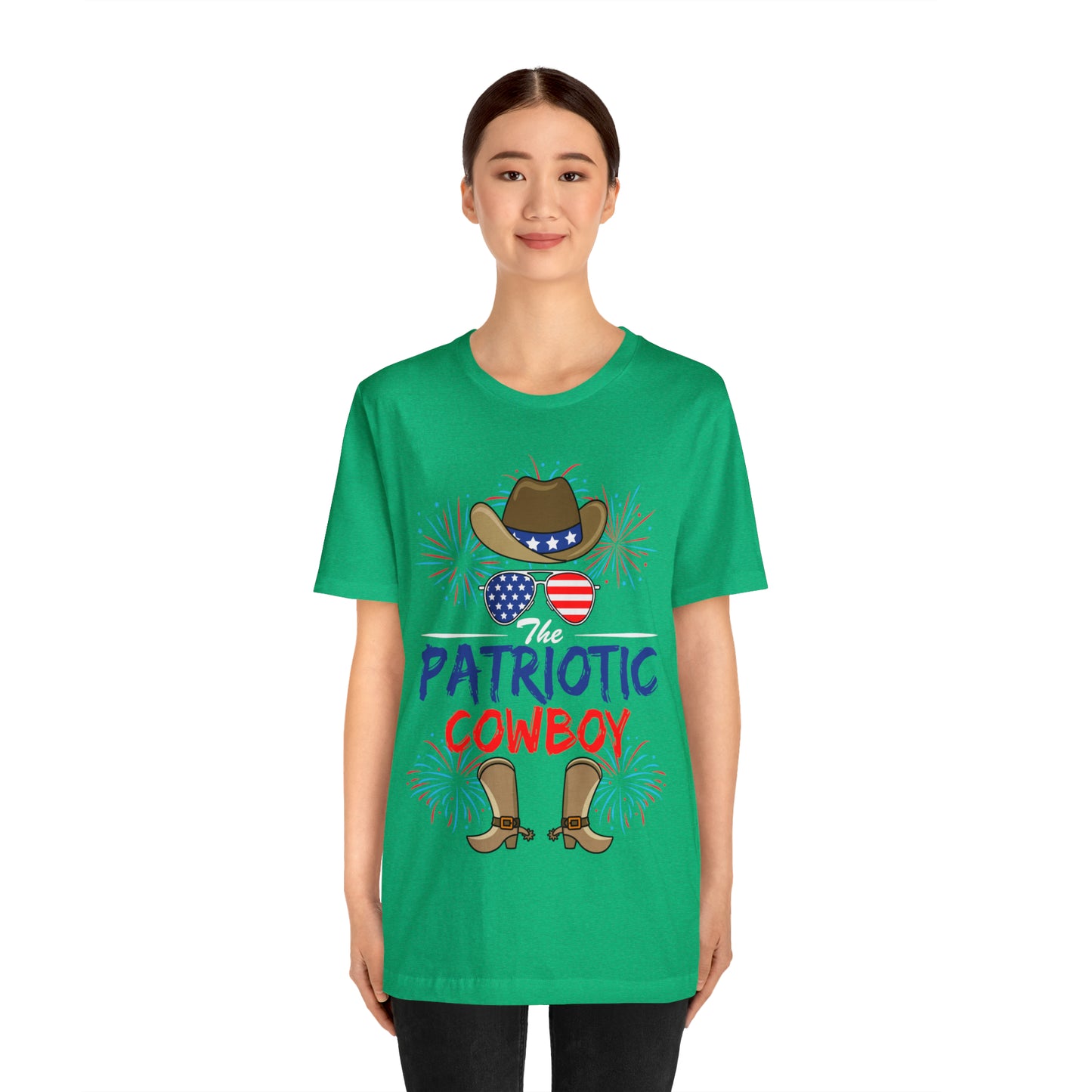 Patriotic Cowboy, American Flag 'Glasses, Cowboy Hat and Boots, Fourth of July 4th Unisex Jersey Short Sleeve Tee