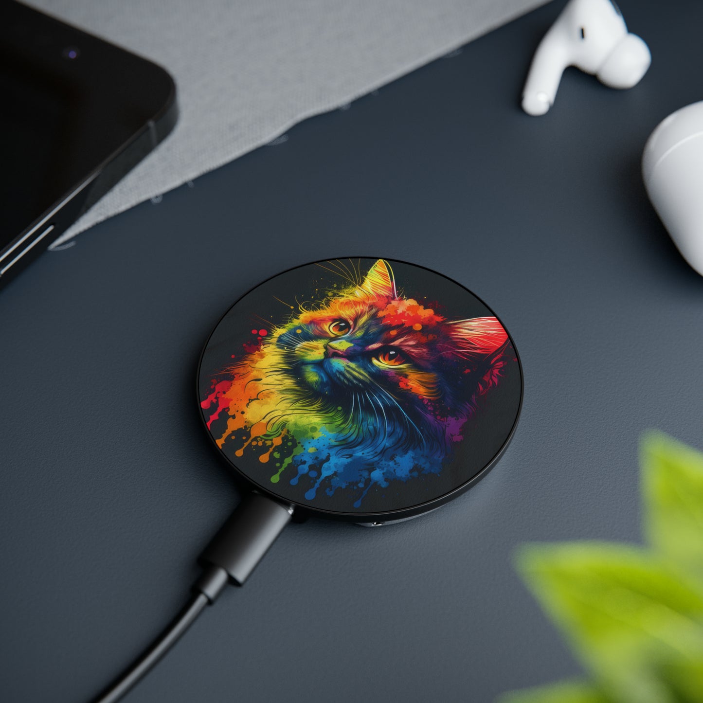 Bold And Beautiful Tie Dye Sassy Furry Cat 1 Magnetic Induction Charger