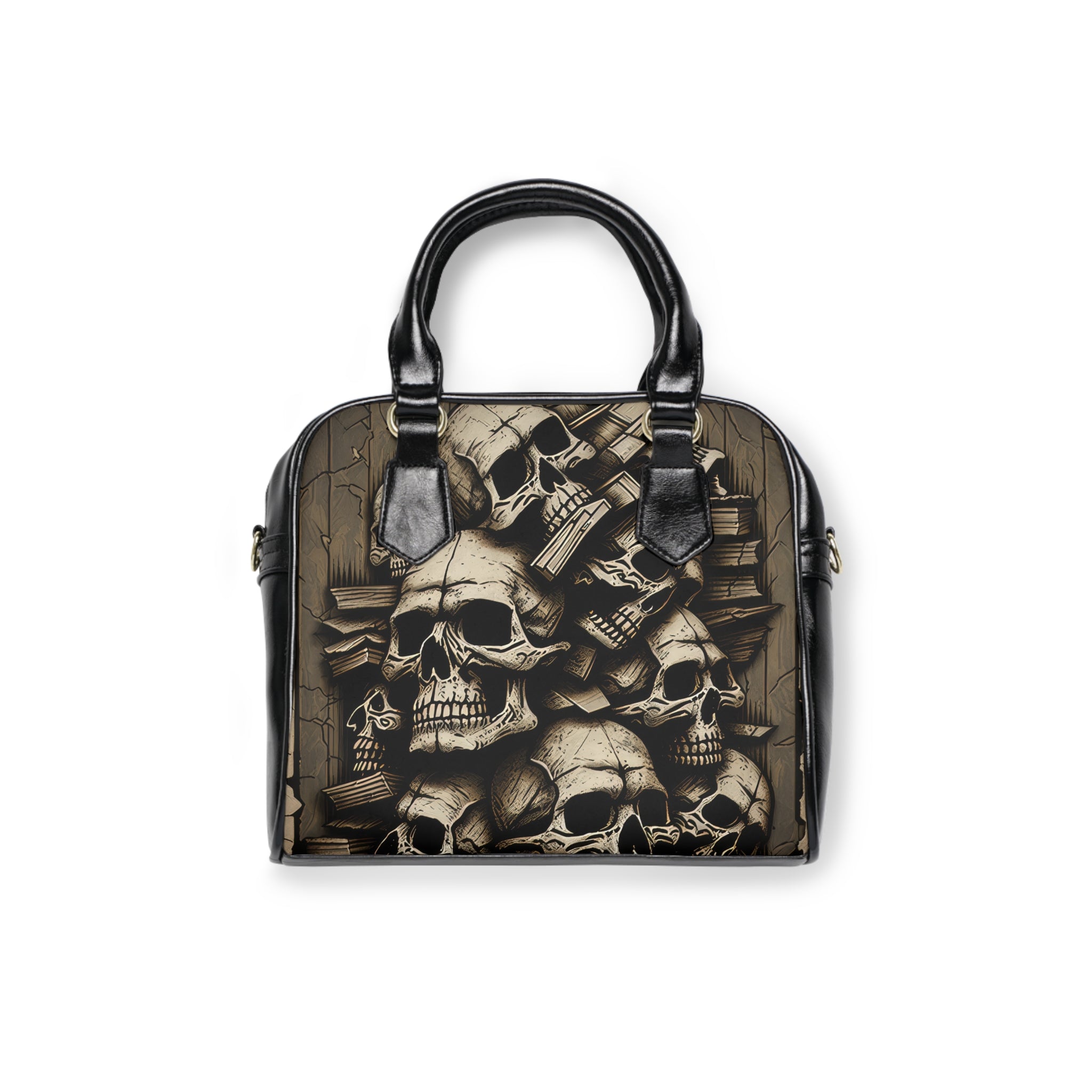 Gothic Skull Pile Collage Grey Cracked Cement Shoulder Handbag