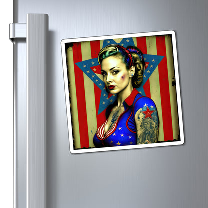 Retro Tattooed Pinup Blue, Red And White Star Magnet Style Four