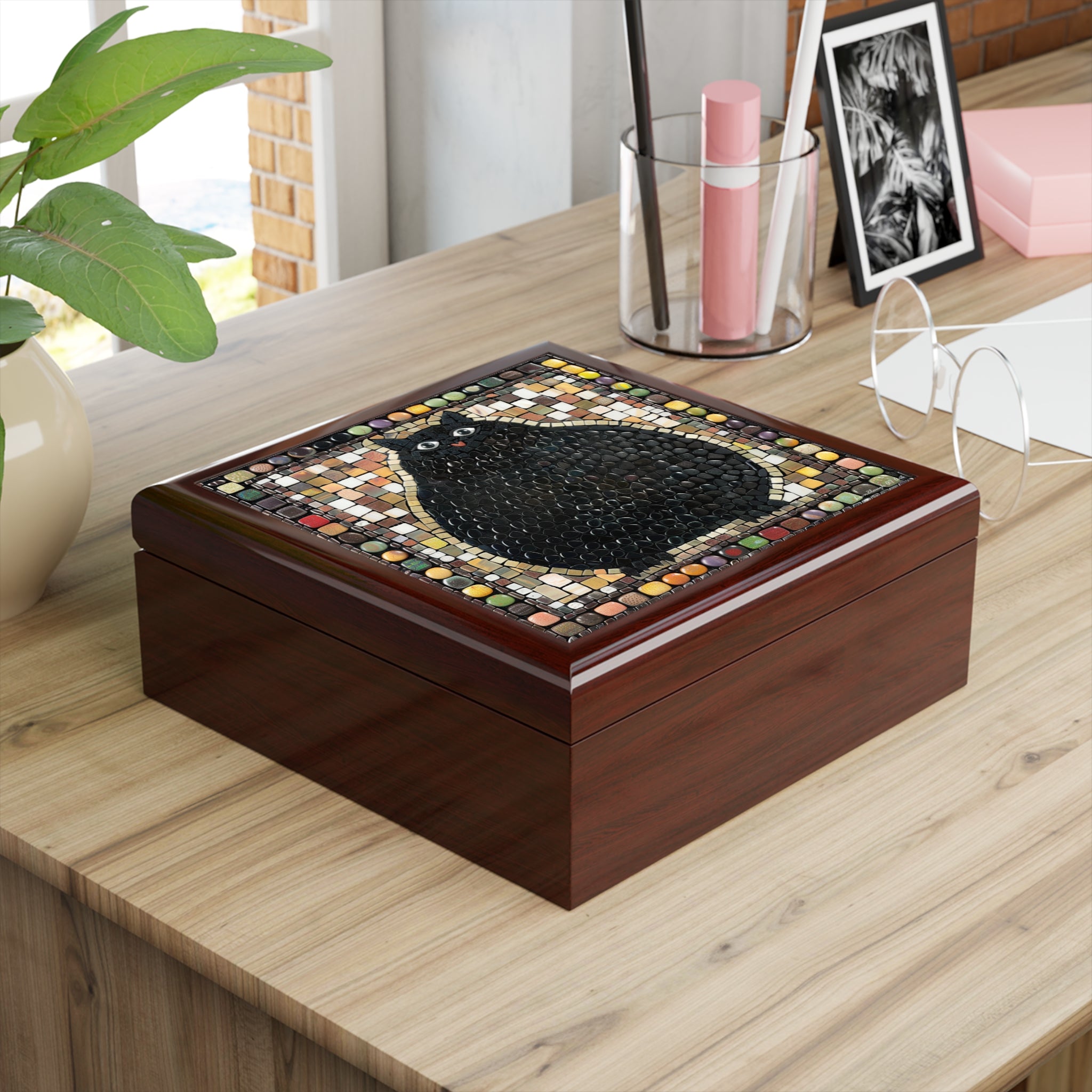 "Playful Black Cat Mosaic", Jewelry- Stash- Collection Box