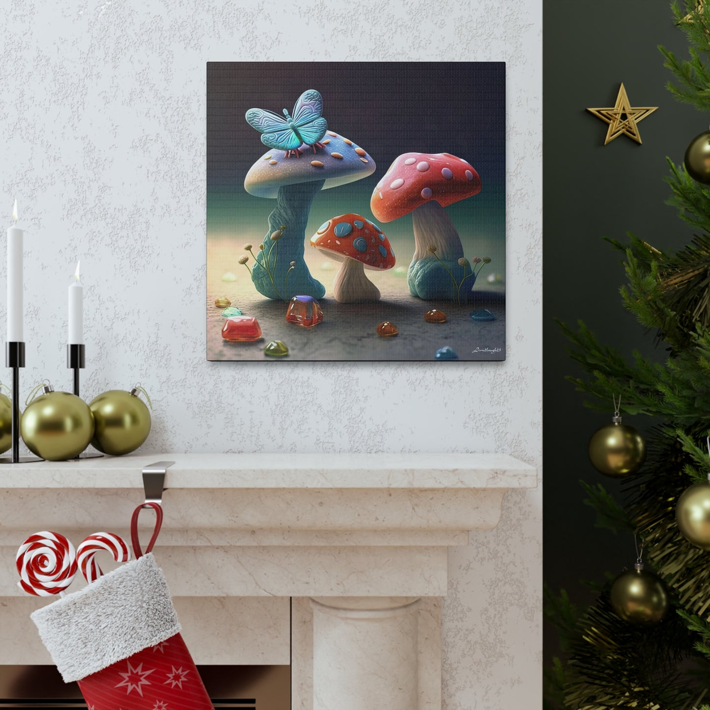 Beautiful Mushroom Luminating Colorful Bliss With Butterflies 2 Canvas Gallery Wraps