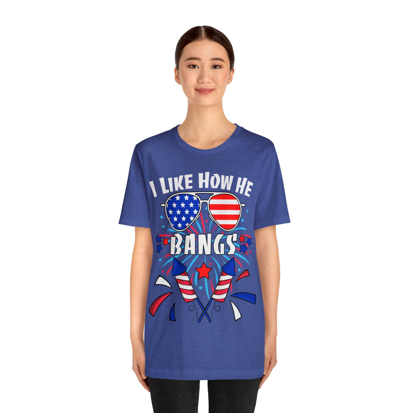 I Like How He Bangs American Flag, Fourth Of July 4th , American Flag Glasses Unisex Jersey Short Sleeve Tee