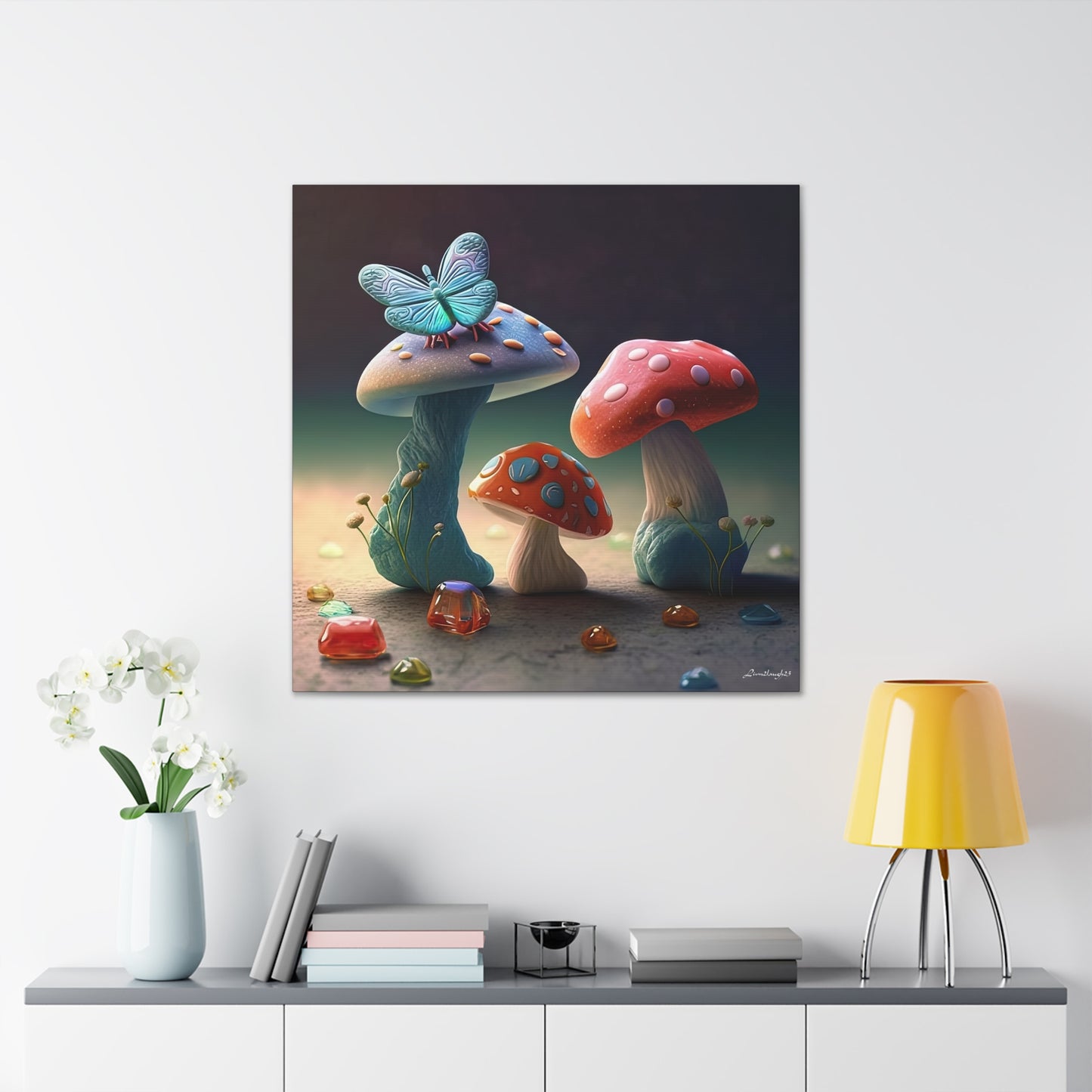 Beautiful Mushroom Luminating Colorful Bliss With Butterflies 2 Canvas Gallery Wraps