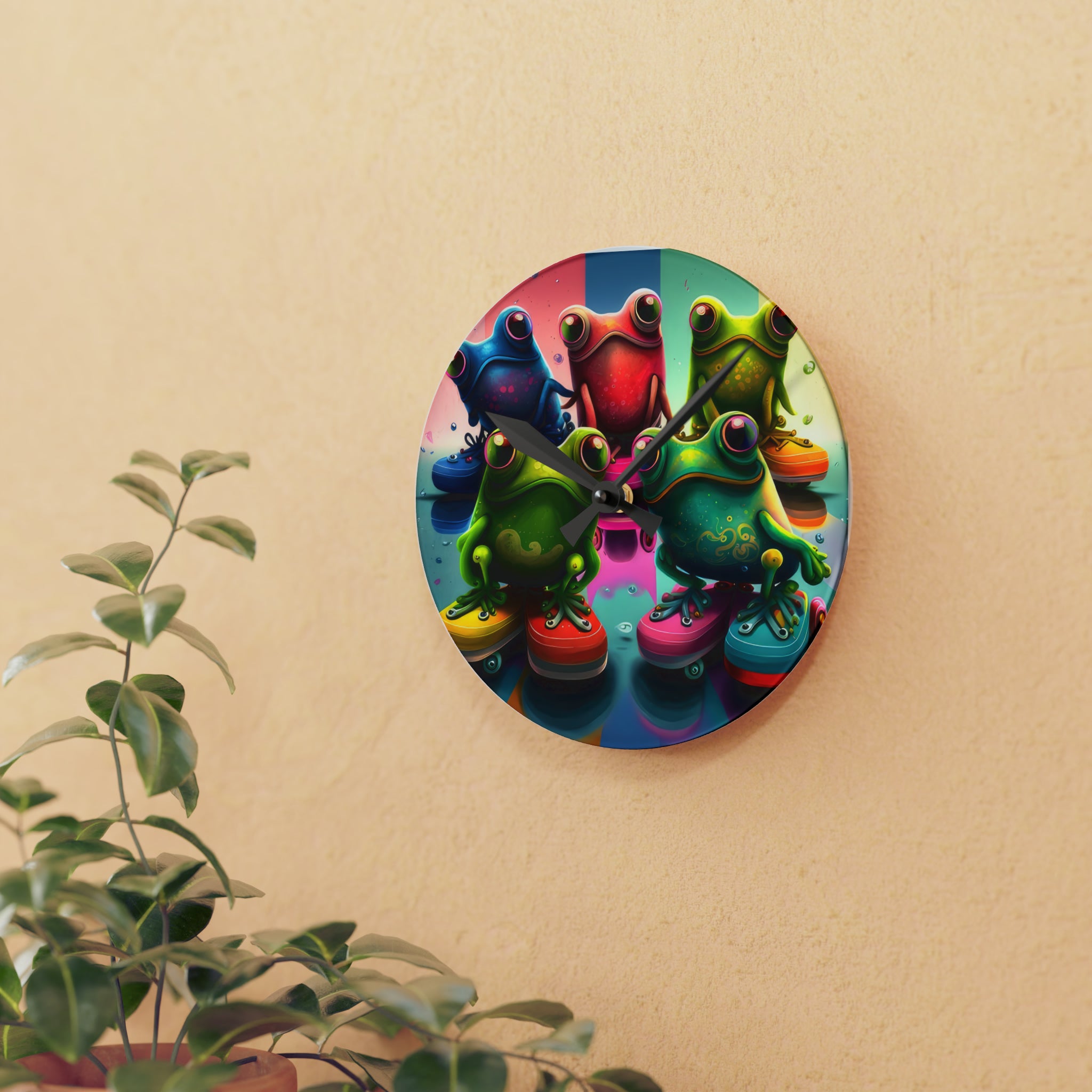 Colorful Group Of Frogs On Skates Wall Clock