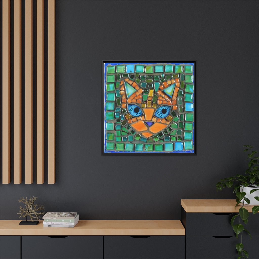 "Emerald Eyes Mosaic Cat", Framed Mosaic Cat Art Print — Colorful Modern Wall Canvas