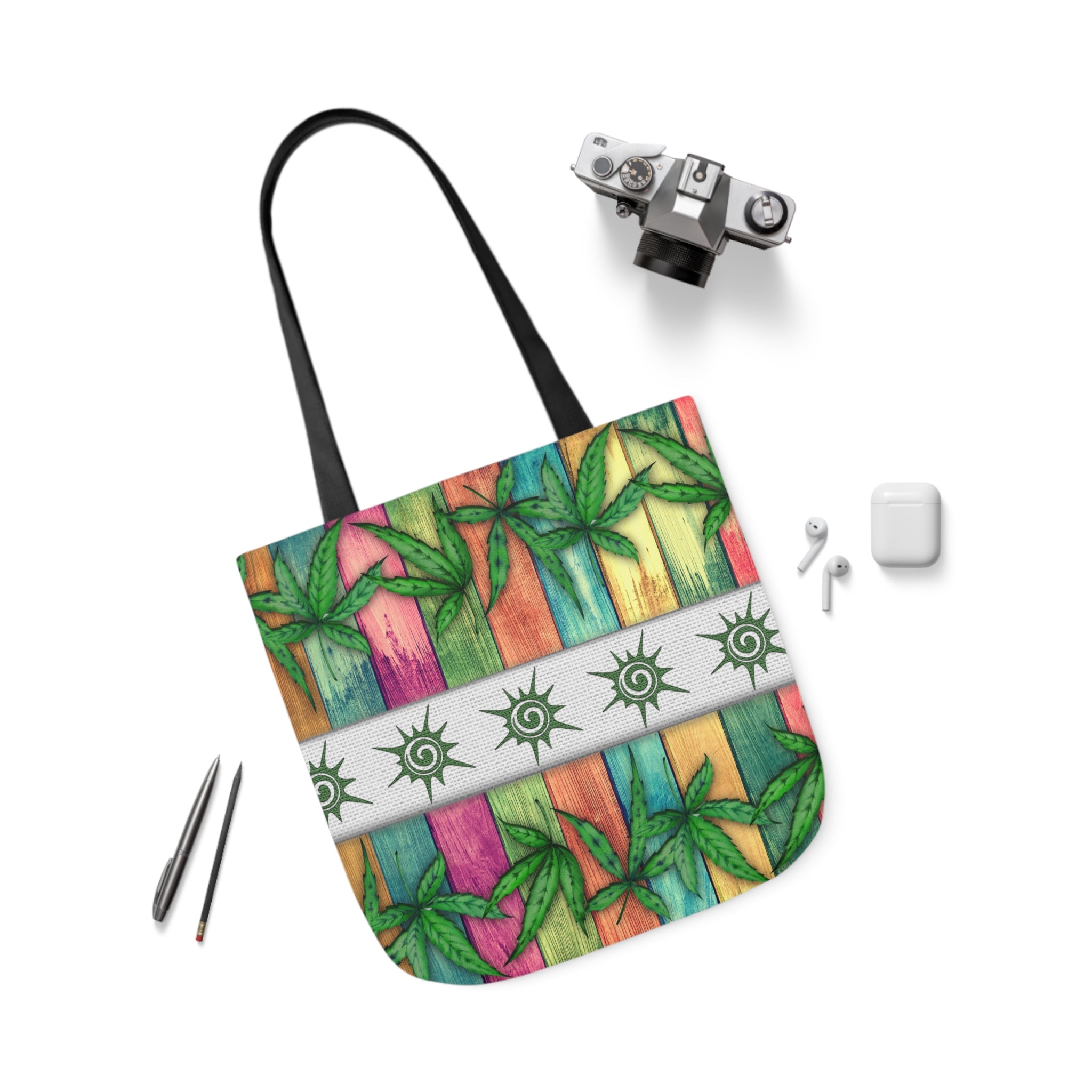 Beautiful Multicolored Pink Purple Blue 420 Weed Marijuana Leaf Polyester Canvas Tote Bag (AOP)
