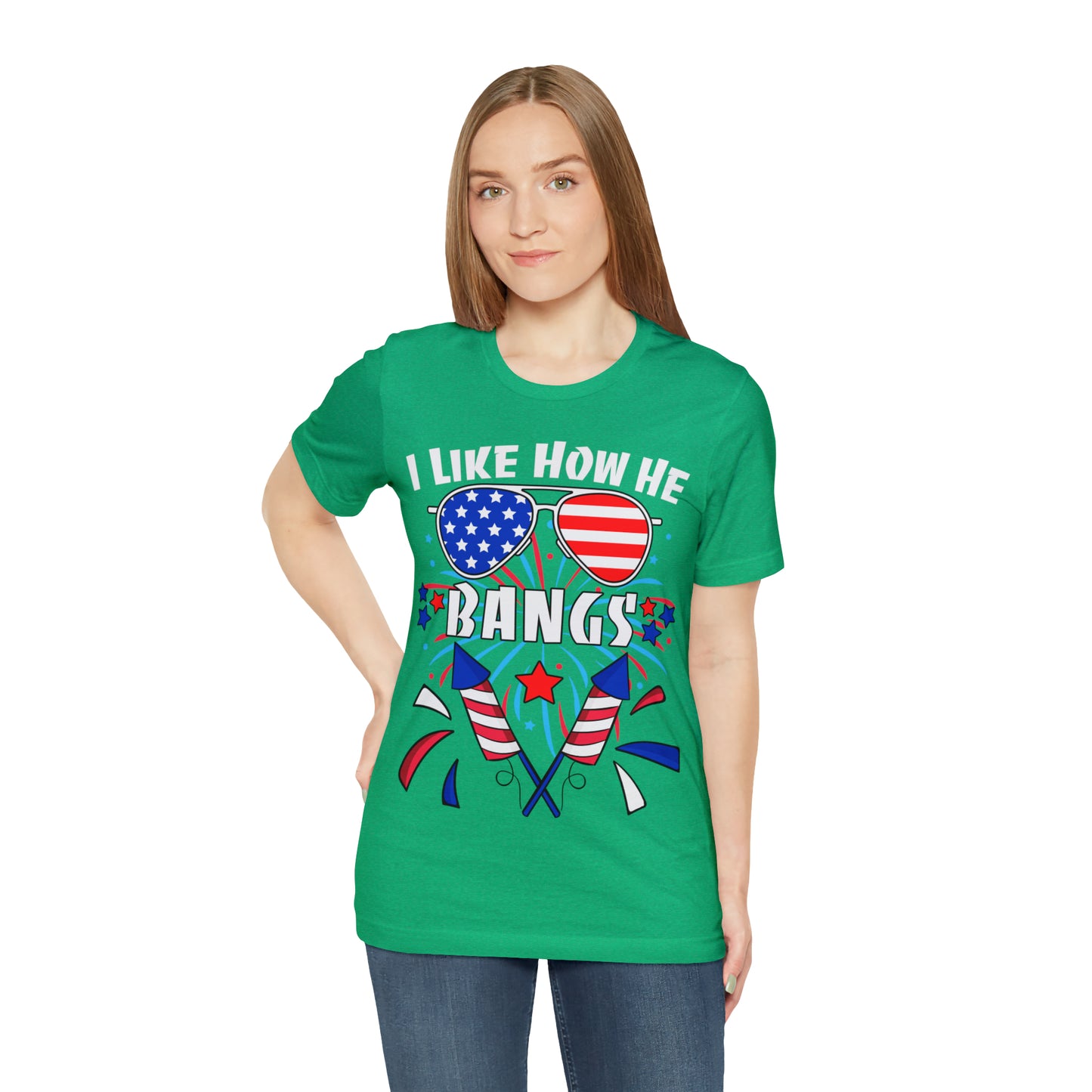 I Like How He Bangs American Flag, Fourth Of July 4th , American Flag Glasses Unisex Jersey Short Sleeve Tee