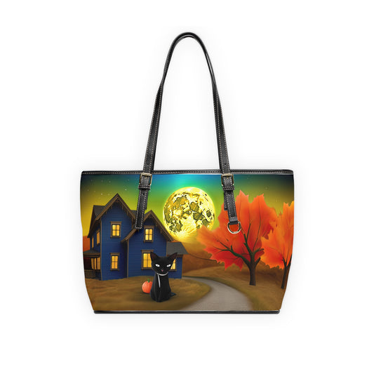 Ready For Fall Amazing Moon And Cat, PU Leather Shoulder Bag