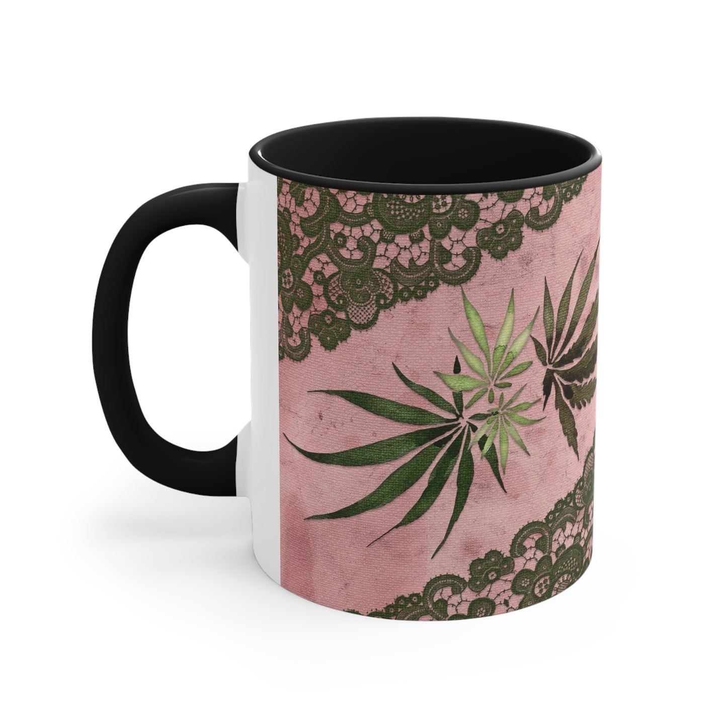 Grey Lace Gorgeous Pink Beautiful Multicolored Pot, Weed, Marijuana Leaf Accent Coffee Mug, 11oz