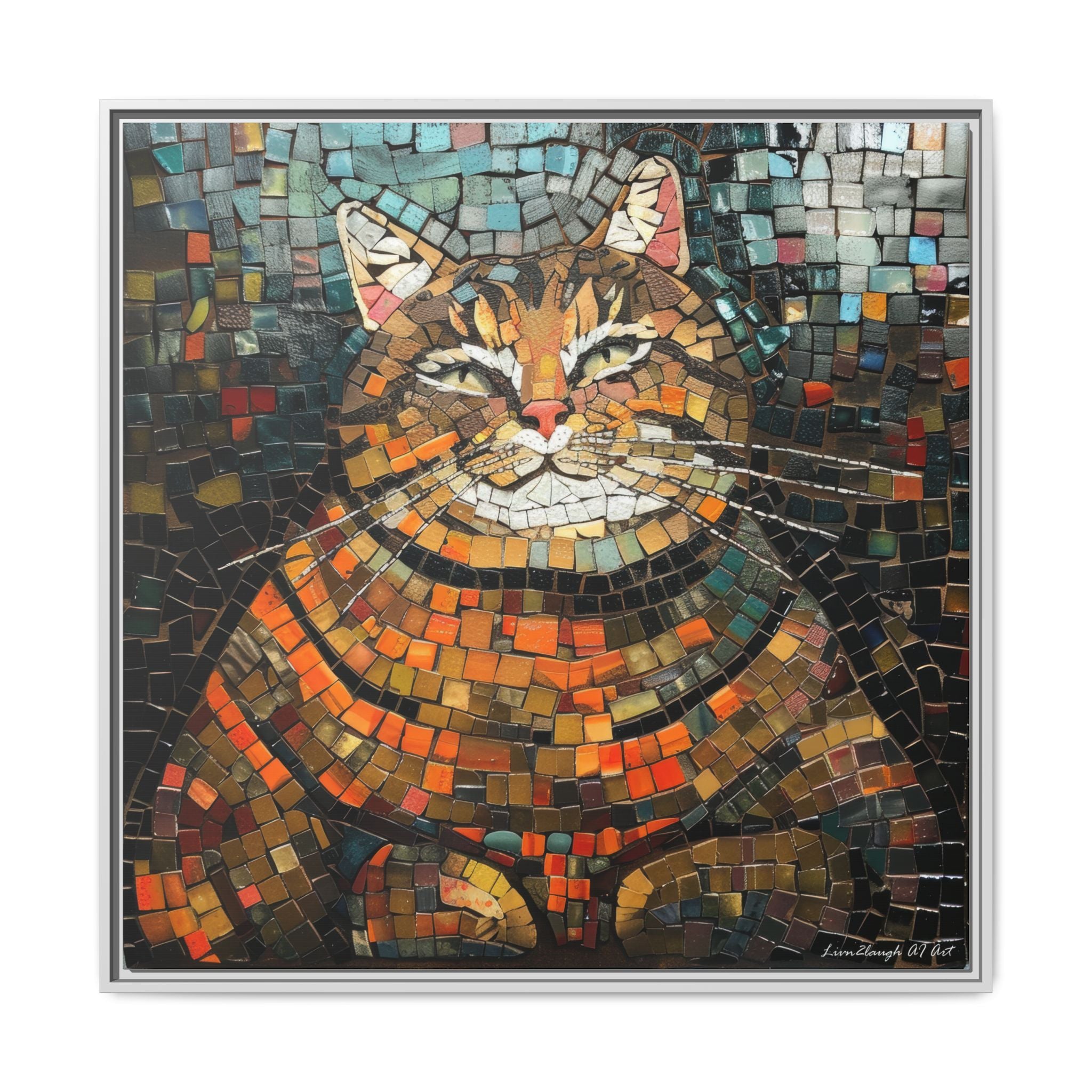 Mosaic Majesty: The Regal Cat, Framed Mosaic Cat Art Print — Colorful Modern Wall Canvas