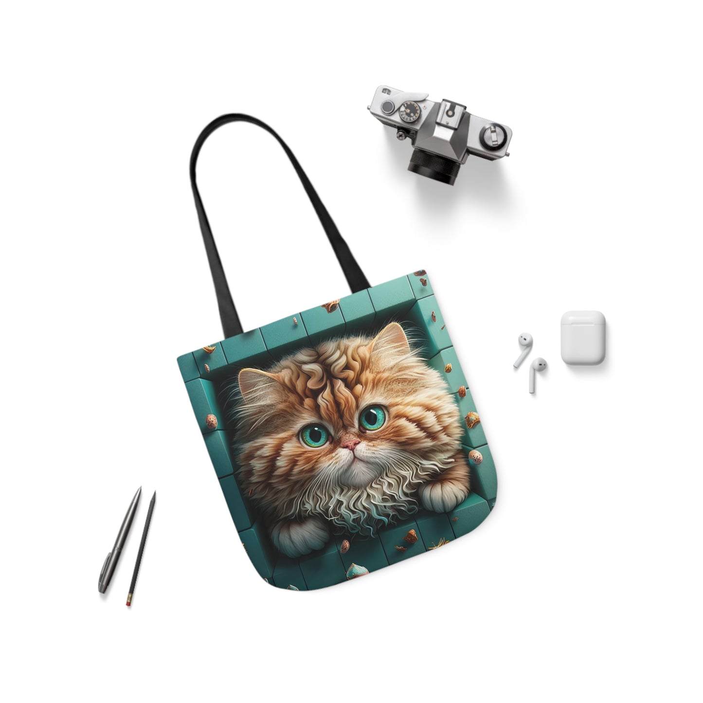 Beautiful Orange And White Fluffy Cat With Blue Eye , Blue Framed Polyester Canvas Tote Bag (AOP)