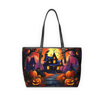 Spooky Halloween House With Pumpkin Line Path , Black Cat , PU Leather Shoulder Bag