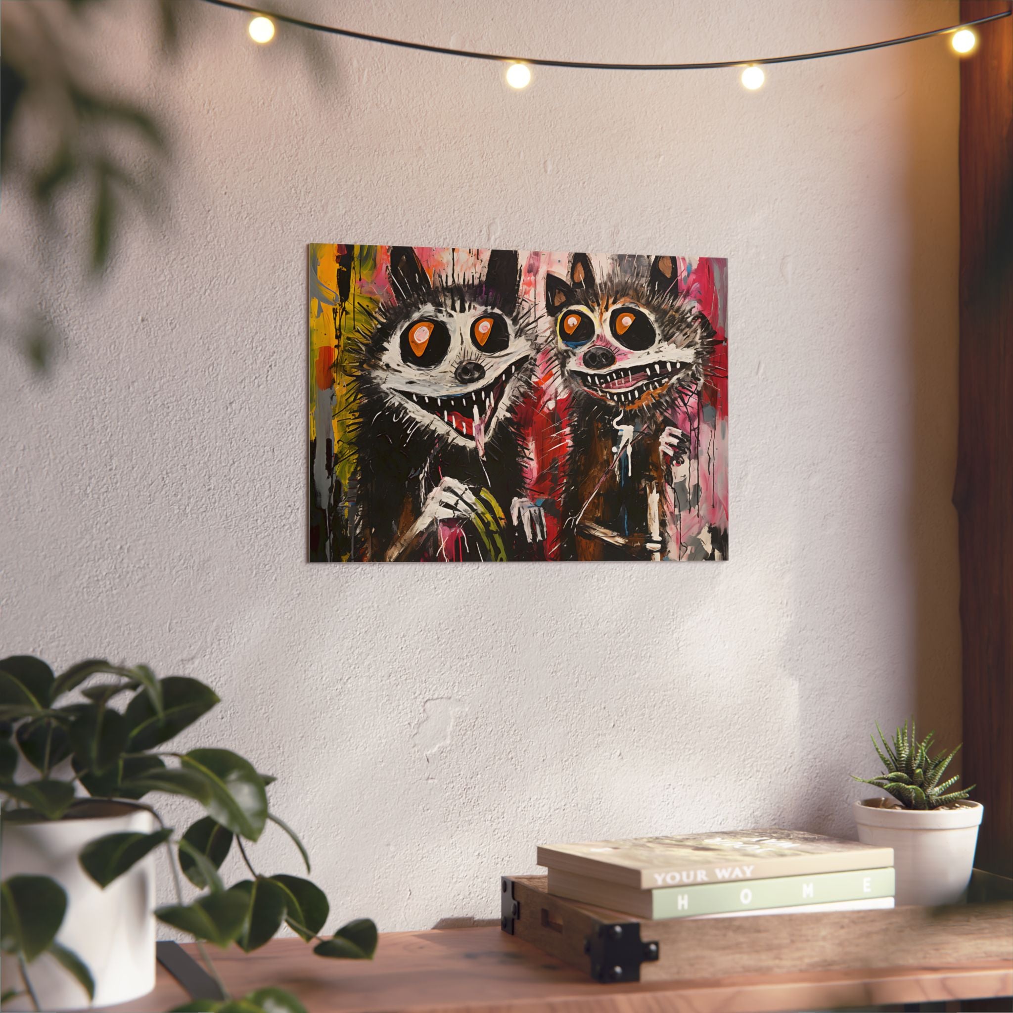 Doodle Abstract Wide Eye Racoons With Colorful Grey Pink Yellow Background By DaFlowerChild Aluminum Composite Panels