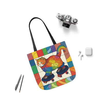 Gorgeous Rainbow Cat Riding A Skate/Skateboard With Rainbow Border Polyester Canvas Tote Bag (AOP)