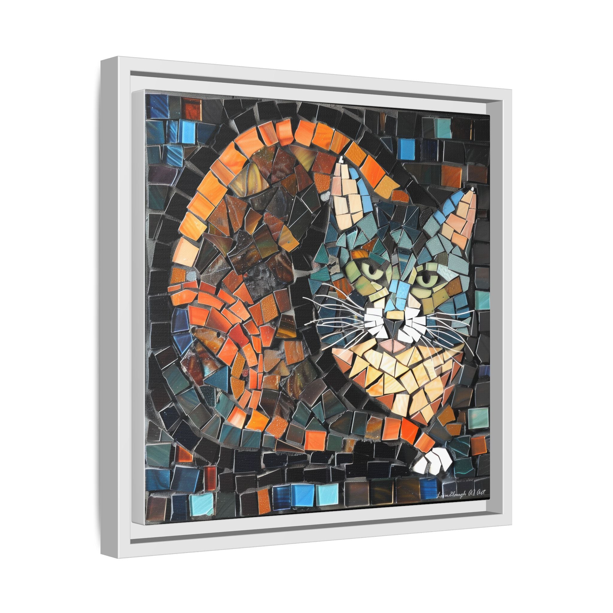 "Bold Mosaic Cat", Framed Mosaic Cat Art Print — Colorful Modern Wall Canvas