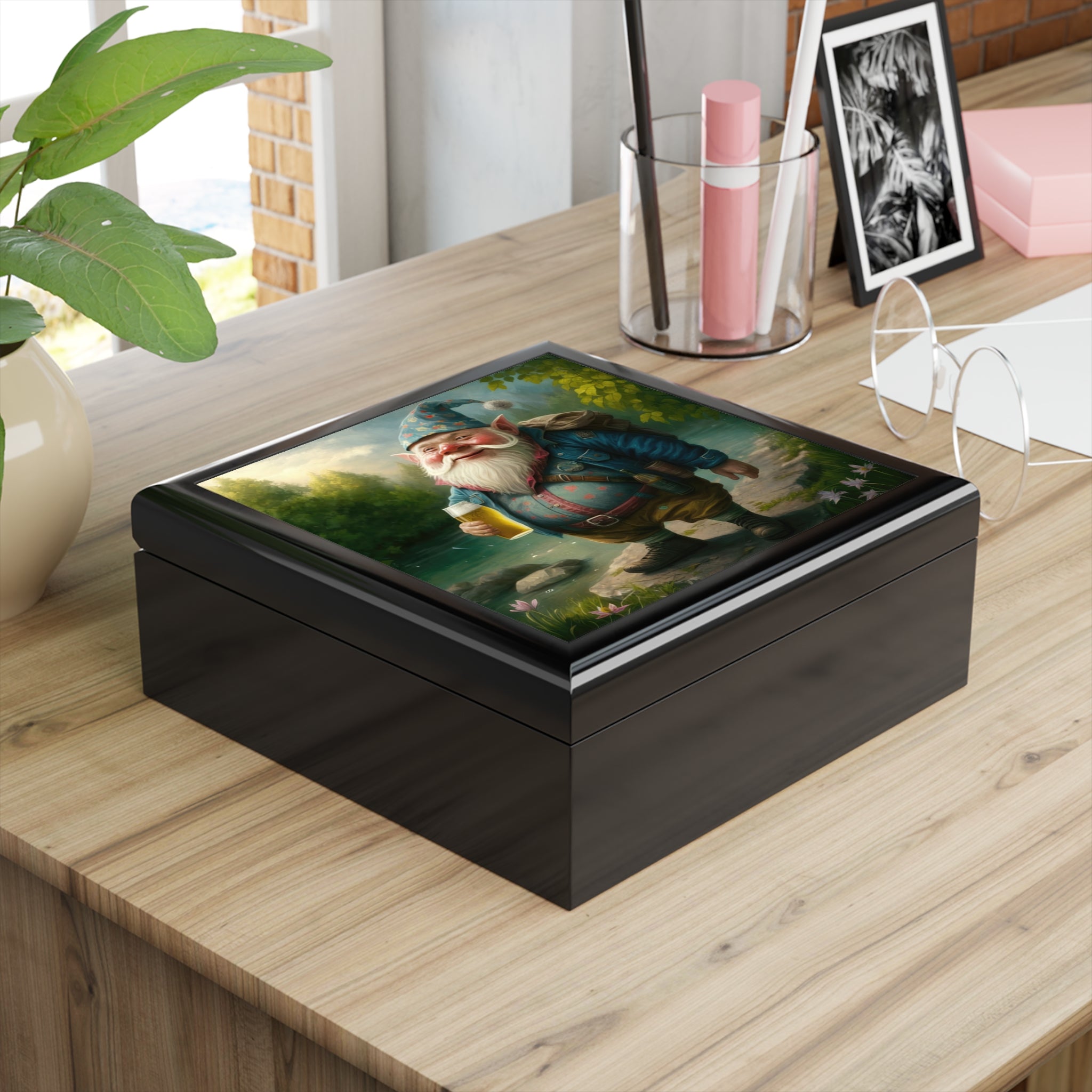 Smiling Gnome At River With Backpack, Beer in Hand Jewelry Box