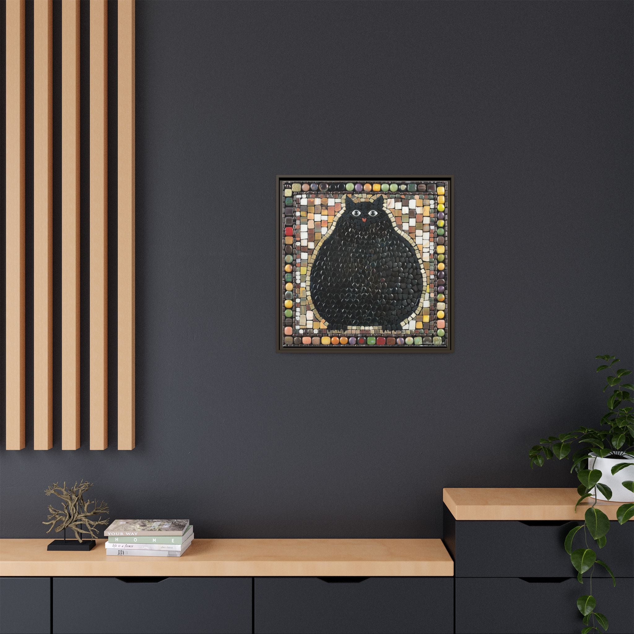 "Playful Black Cat Mosaic", Framed Mosaic Cat Art Print — Colorful Modern Wall Canvas