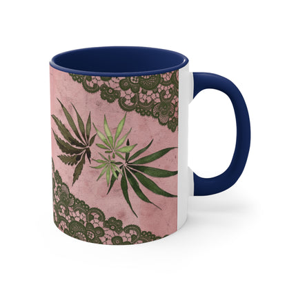 Grey Lace Gorgeous Pink Beautiful Multicolored Pot, Weed, Marijuana Leaf Accent Coffee Mug, 11oz