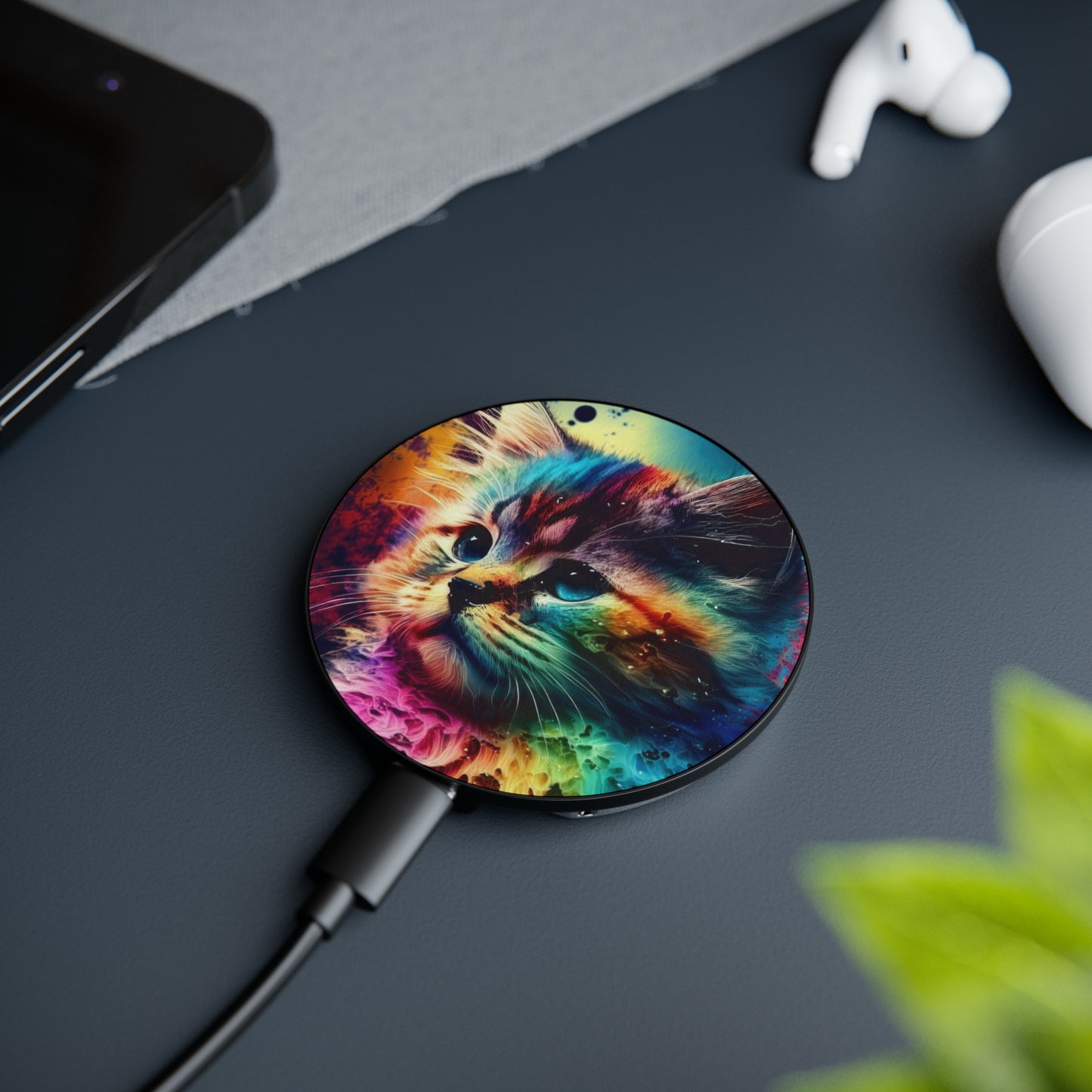 Bold And Beautiful Tie Dye Sassy Furry Cat 6 Magnetic Induction Charger