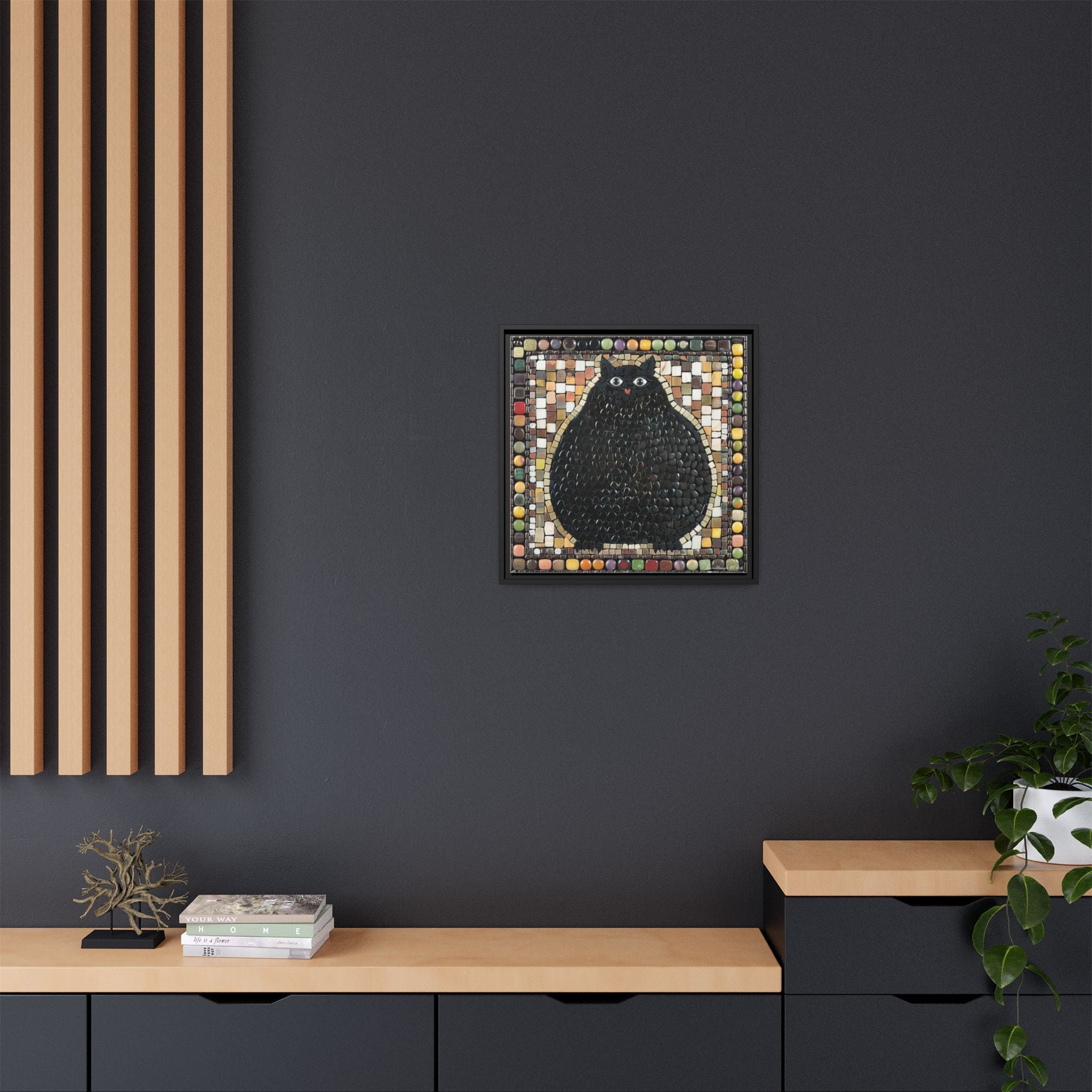 "Playful Black Cat Mosaic", Framed Mosaic Cat Art Print — Colorful Modern Wall Canvas