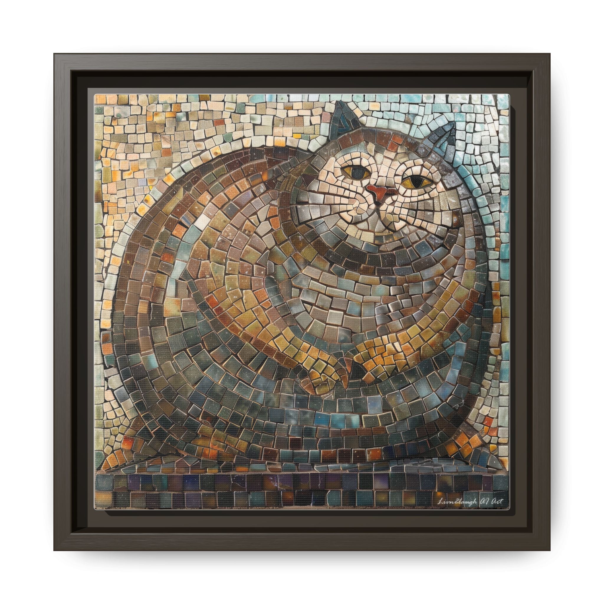 "Serene Mosaic Cat", Framed Mosaic Cat Art Print — Colorful Modern Wall Canvas
